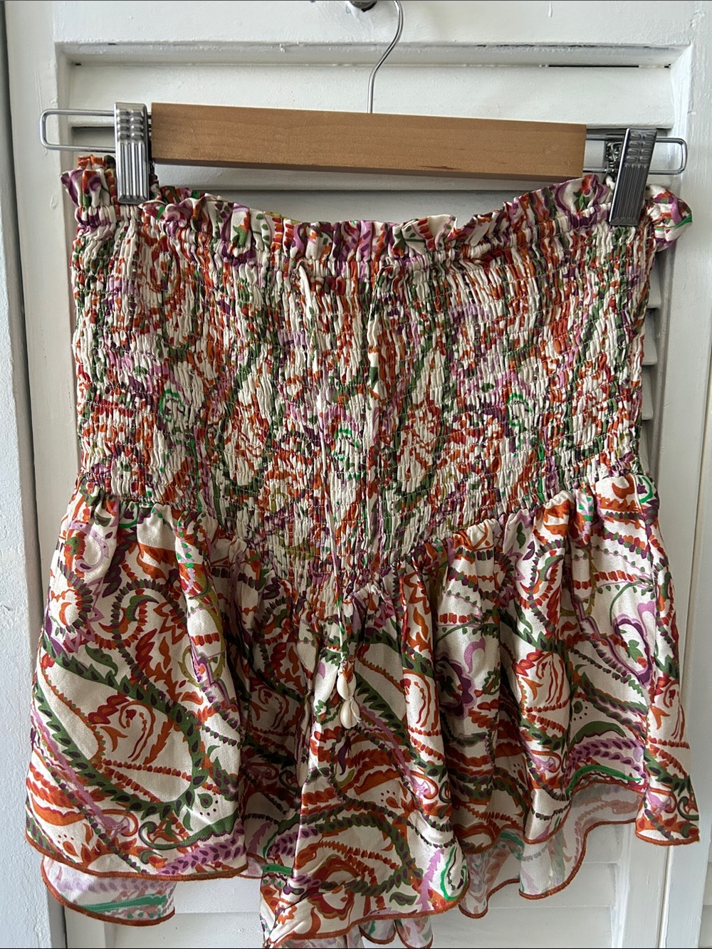 Zara Smocked High-Waist Mini Shorts - Cream with Orange, Green & Purple Paisley